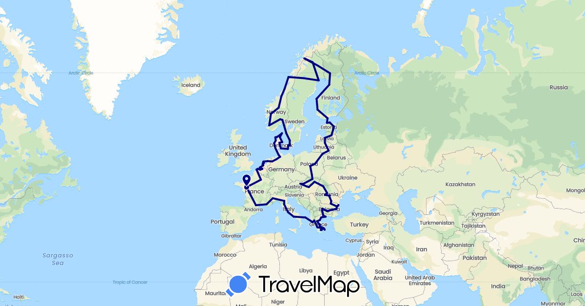 TravelMap itinerary: driving in Austria, Belgium, Bulgaria, Germany, Denmark, Estonia, Finland, France, Greece, Hungary, Italy, Lithuania, Latvia, Netherlands, Norway, Poland, Romania, Sweden, Slovakia (Europe)